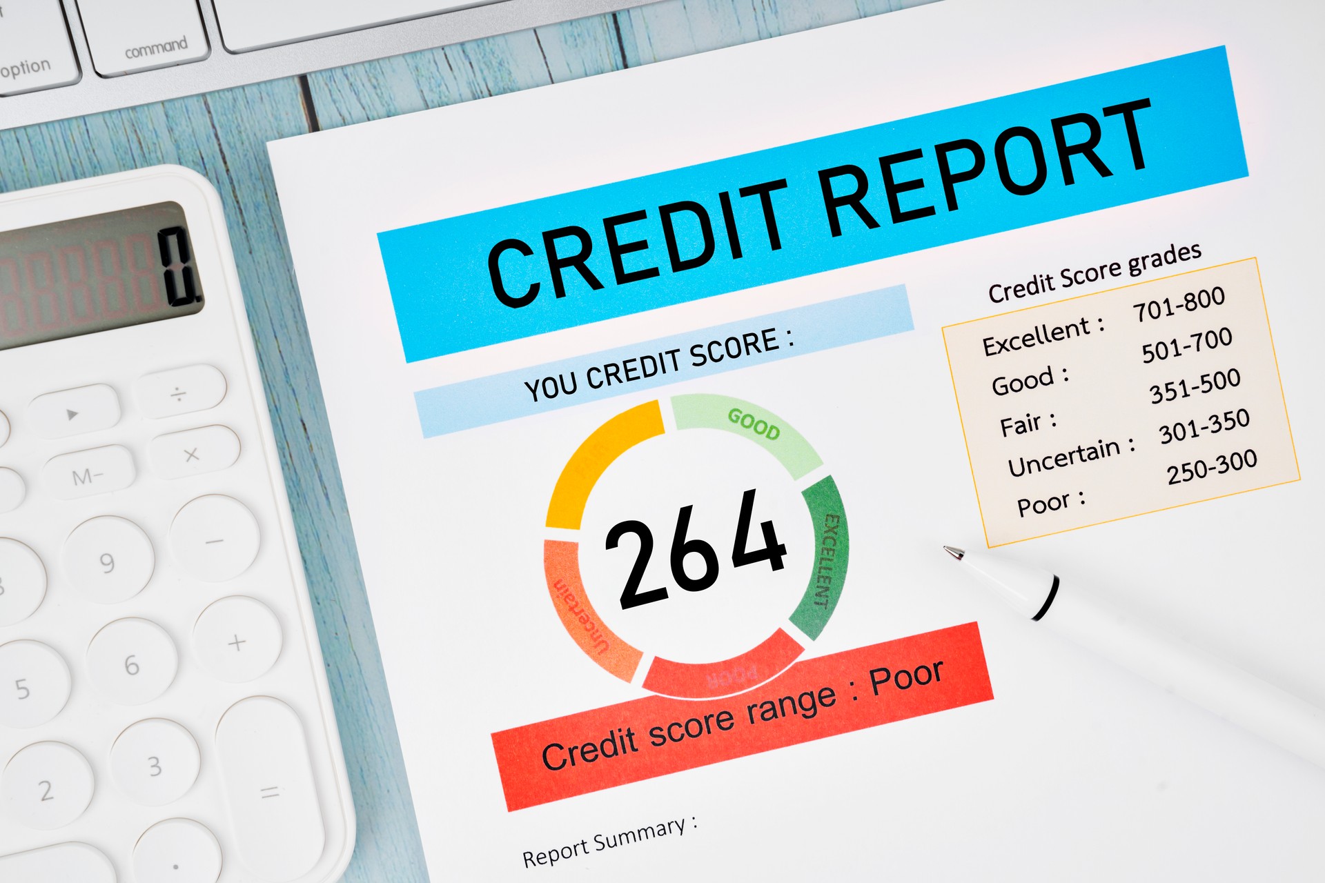 The Credit score report document and pen with calculator on the desk.